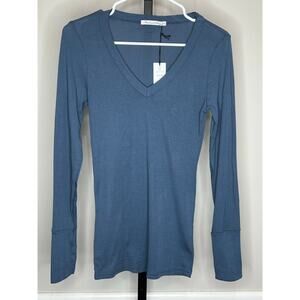 Michael Stars Supima Cotton V Neck Long Sleeve Tee Lake Blue OS NWT